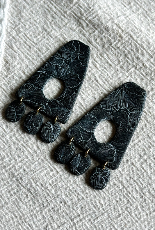 Black textured flower dangle studs