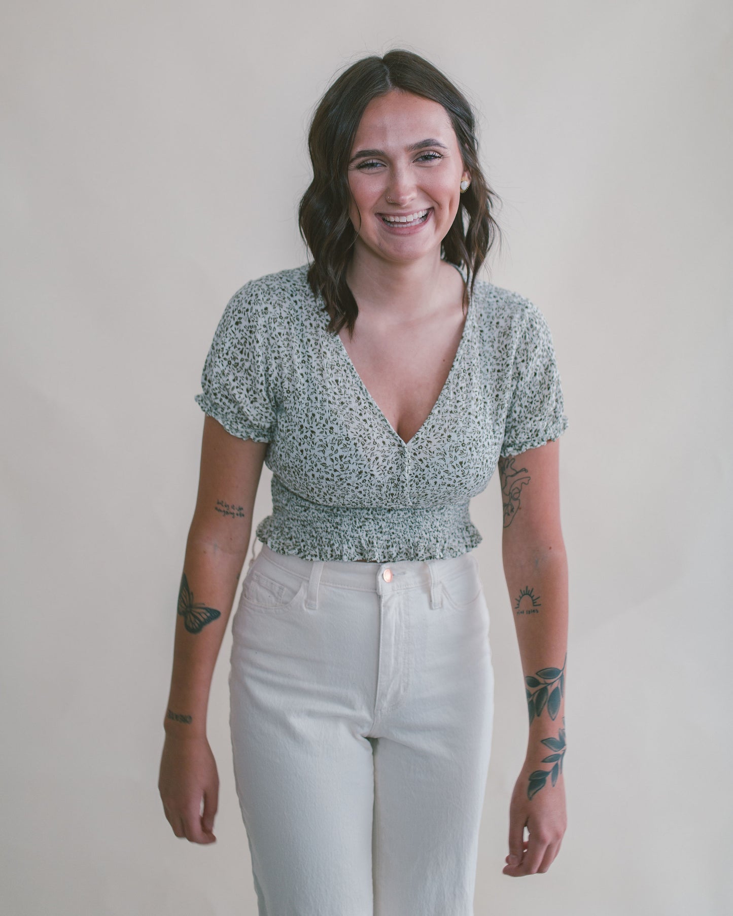 Ivory and green floral top